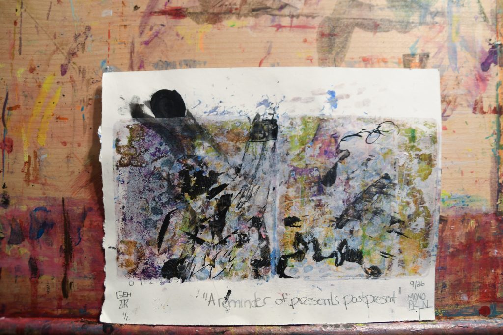 A reminder of presents past present - gel plate print - artist George Hancock abstract Memphis Tennessee - black gold and green