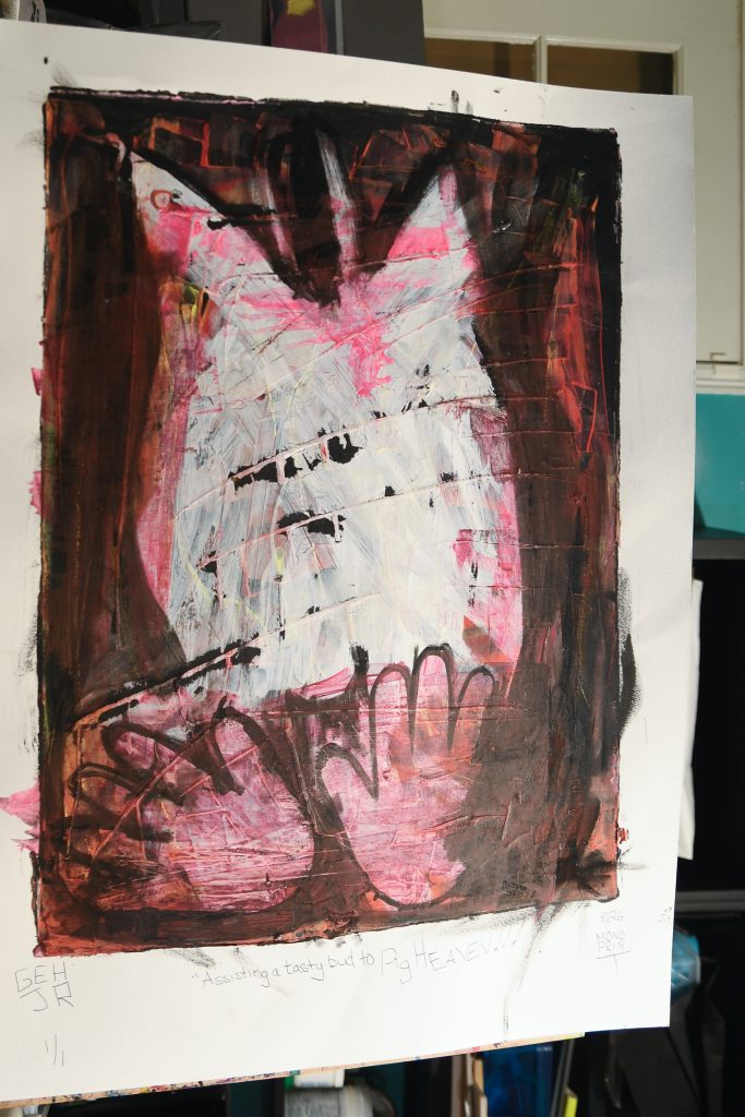 Assisting a tasty bud to pig heaven - gel plate print - artist George Hancock abstract Memphis Tennessee - pink black