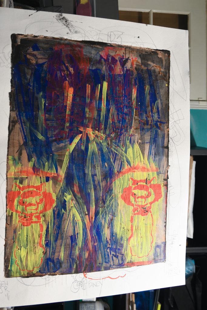 Cat fancy - gel plate print - artist George Hancock abstract Memphis Tennessee - yellow blue black