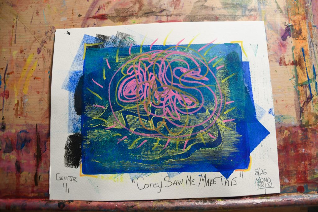 Corey Saw Me Make This - gel plate print - artist George Hancock abstract Memphis Tennessee - deep blue neon pink yellow