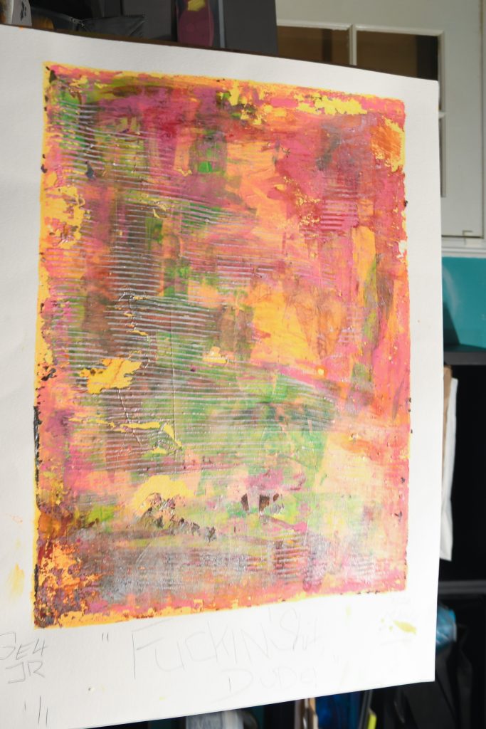 Fuckin shit dude - gel plate print - artist George Hancock abstract Memphis Tennessee - orange green pink