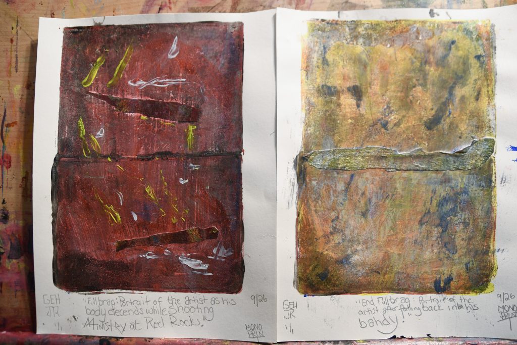 Full Brag Duo - gel plate print - artist George Hancock abstract Memphis Tennessee - maroon green black yellow gold orange