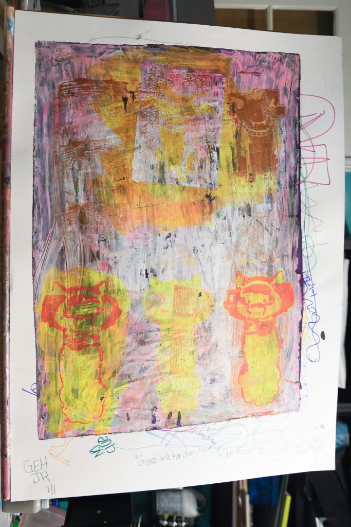 Grace and her dues have no clue about - gel plate print - artist George Hancock abstract Memphis Tennessee - yellow white brown
