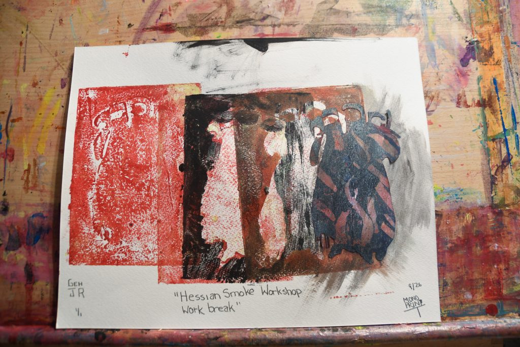 Hessian Smoke Workshop Work Break - gel plate print - artist George Hancock abstract Memphis Tennessee - black red brown