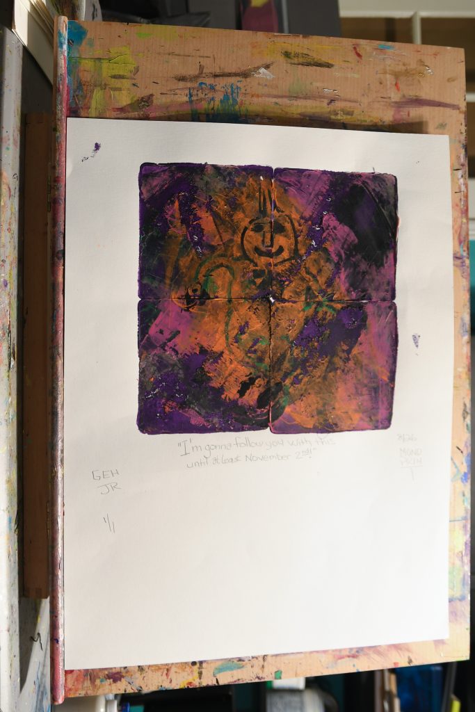 Im gonna follow you with this until at least November 2nd - gel plate print - artist George Hancock abstract Memphis Tennessee - pumpkin orange pink