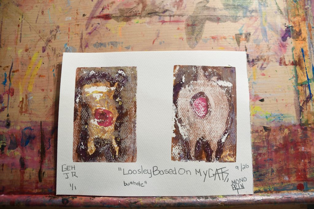 Loosley based on my cats butthole - gel plate print - artist George Hancock abstract Memphis Tennessee -brown pink yellow