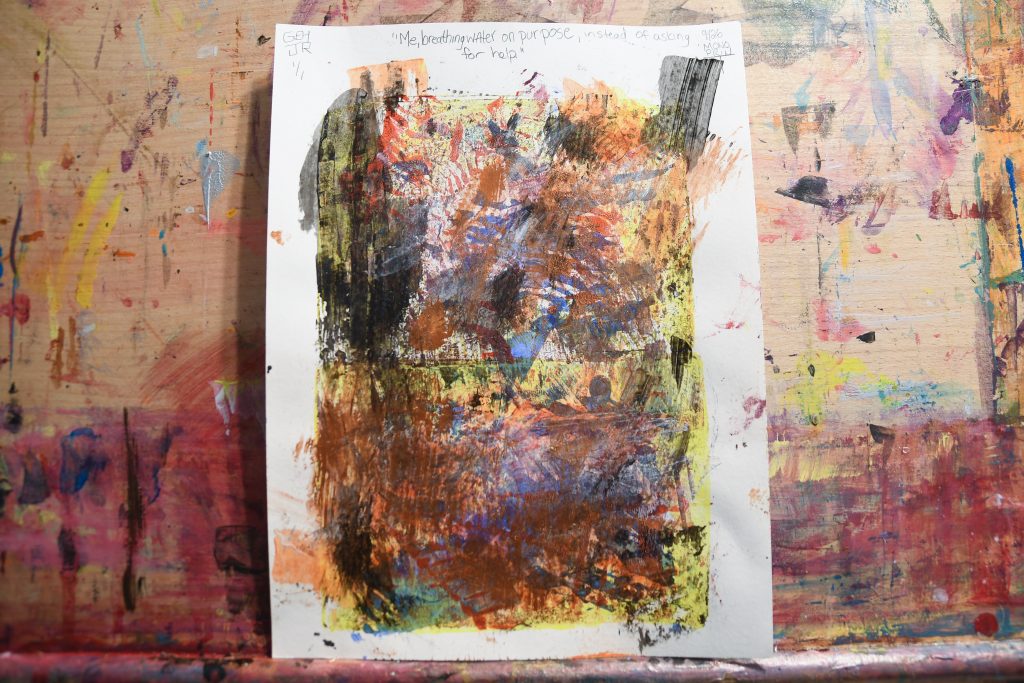 Me breathing water on purpose instead of asking for help - gel plate print - artist George Hancock abstract Memphis Tennessee - orange yellow blue