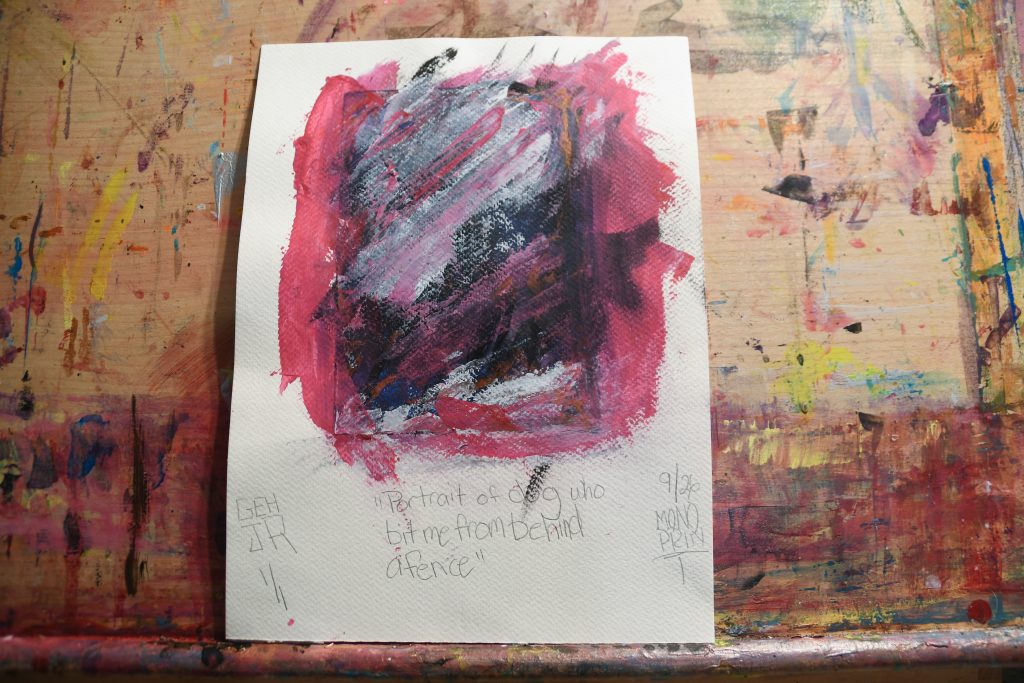 Portrait of dog who bit me from behind a fence - gel plate print - artist George Hancock abstract Memphis Tennessee - red black white
