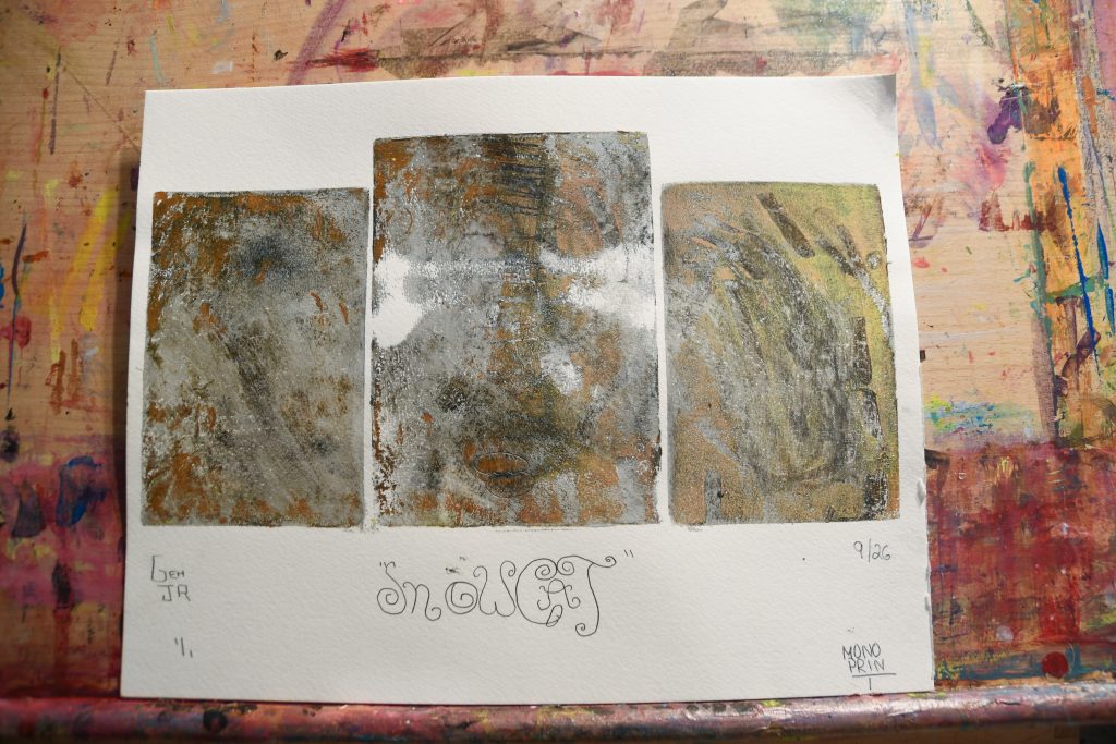 Snow Cat - gel plate print - artist George Hancock abstract Memphis Tennessee - grey white brown