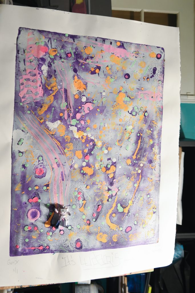 its ludacris roll out - gel plate print - artist George Hancock abstract Memphis Tennessee - purple yellow autobots